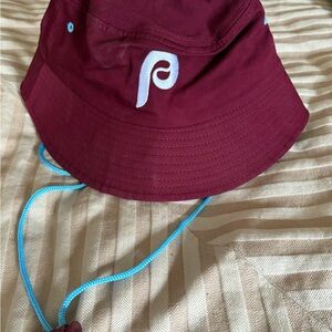 Burgundy Phillies Bucket Hat with Blue Drawstring